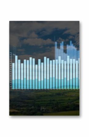 Floating translucent 3D bar chart overlaying verdant rural valley with light blue vertical bars