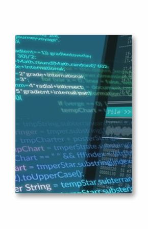 Showing computer display filling screen with code editor panels at workstation, with encryption bar