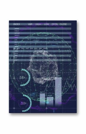 Displaying futuristic dashboard UI at control panel, with wireframe sphere, bar charts, INDEX table