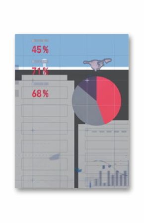 Displaying data dashboard showing bar pie line charts, data grid and percentage labels on screen