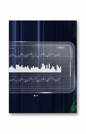 Standing Korean IT admin monitoring server racks in data center, with floating charts, copy space