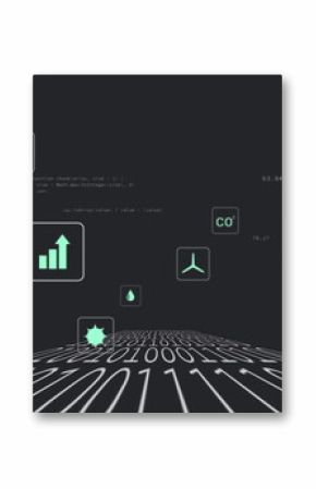 Displaying binary grid in virtual interface, with floating volcano icon and bar-chart indicators