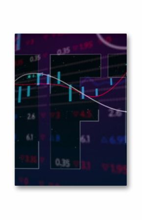 Showing NFT letters revealing data on trading screen with candlesticks graphs gauge and bar chart