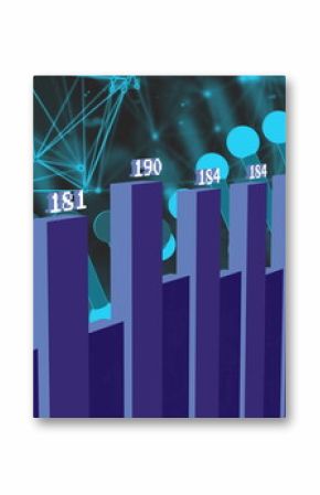 Displaying 3D violet bar chart with numeric labels in analytics, with connecting line and mesh