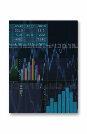 Displaying data dashboard on screen, with numeric tables, line graph, pie chart and bar charts