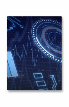 Displaying futuristic digital dashboard on tech display, with bar chart and HUD gauge