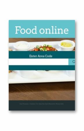 Food delivery banner showing flat design white plate with appetizers and teal search bar