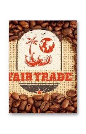 Flat-lay composition is showing fair trade emblem on burlap with coffee beans around edges