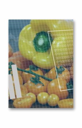 Displaying yellow bell pepper and tomatoes in studio, with grid overlay binary code chart and graph