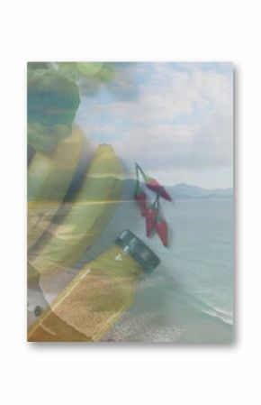 Blending pineapple, bananas, leafy greens, chili peppers and oil bottle over ocean beach scene