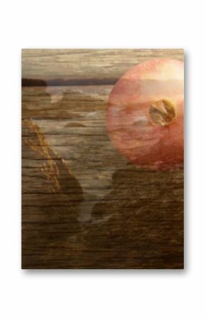 Blending ripe pomegranates with coastal overlay on weathered wooden tabletop, copy space