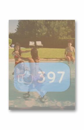 Laughing friends in swimwear socializing around backyard pool, with grill and inflatable rings