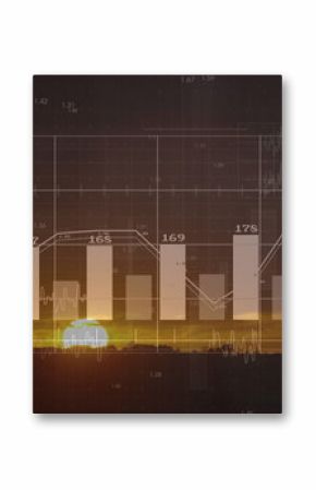 Presenting bar chart, overlaying line graph and numeric axis labels on silhouetted dusk horizon