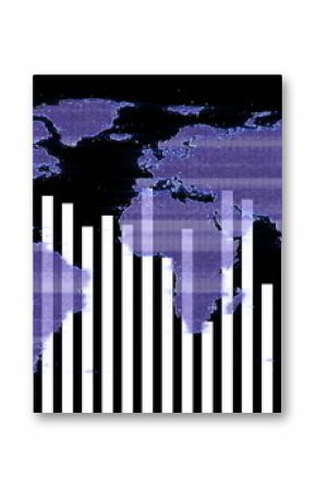 Displaying white vertical bar chart columns overlaying pixelated purple world map on dark screen