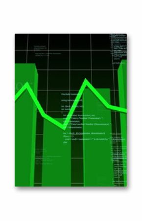 Displaying green bar and neon green line chart graphic on dark grid background, with floating code
