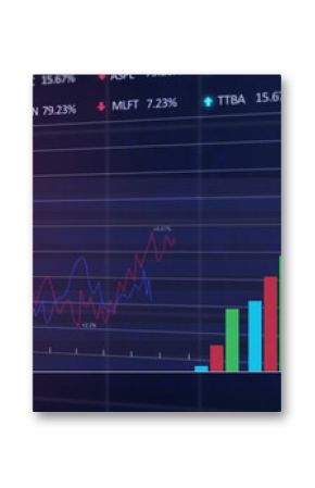 Displaying vertical bar chart rising on financial dashboard, with white gridline chart and tickers