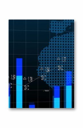 Displaying dashboard on dark interface showing world map, with blue bar charts and white line graph