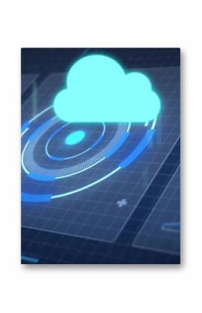 Cyan cloud icon floating above radar on dark grid, showing bar charts line graphs plus symbols