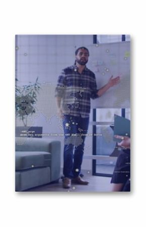 Gesturing presenter explaining project plan in meeting lounge, with whiteboard sticky notes