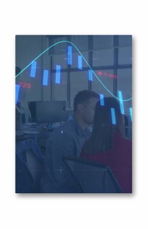 Analyzing coworkers in blue shirt and red blazer working at open plan office, with floating charts