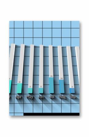 Displaying 3D bar chart rising from black base on blue grid, with month and value labels