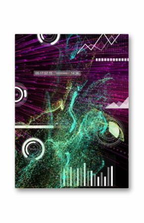 Swirling particle cloud forming in digital interface, with gauge dials, bar chart, numeric readout