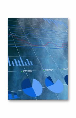 3D visualization presenting wireframe line, bar and pie charts in teal grid, with labels and mist