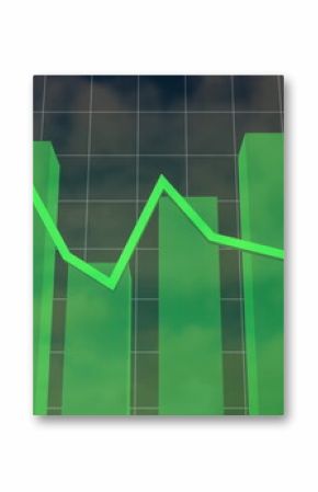 Displaying translucent green 3D bar prisms rising on dark grid, with bright green line overlay