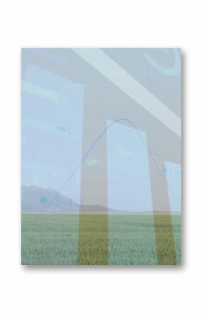 Displaying bar charts over crop field, with blue line graph, downward arrow and numeric labels