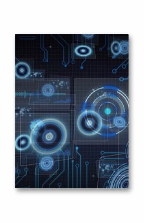 Displaying interface on grid, with translucent panels, pie chart, bar chart, line graph, circuitry