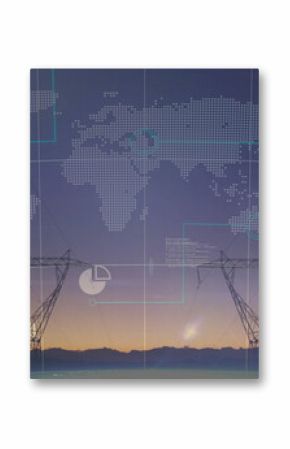 Rising two transmission towers above horizon at dusk, with world map overlay, bar graph, pie chart