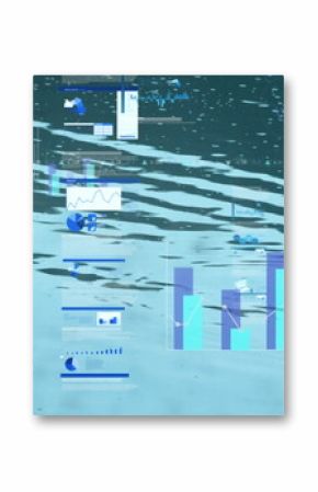 Composite data dashboard floating over virtual water surface, with pie charts and bar graphs