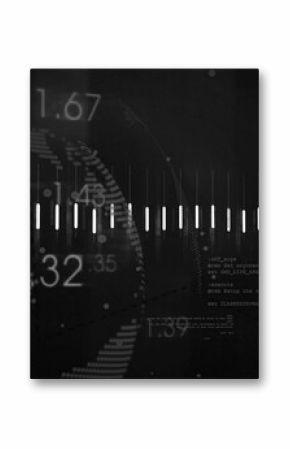 Displaying equalizer bar graph pulsating in virtual console, with dotted globe and numeric overlays