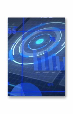 Holographic radial chart and bar graph floating in virtual grid, displaying numeric overlays