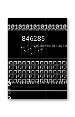 White-outlined panel presenting numeric displays in console UI, with bar charts grid binary streams