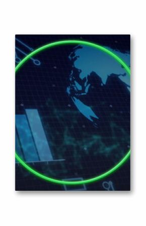 Displaying globe glowing neon green overlay on digital grid, with five-bar chart and circuit lines