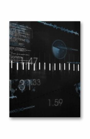 Displaying central bar array scrolling across dashboard, with code panels and numeric readouts