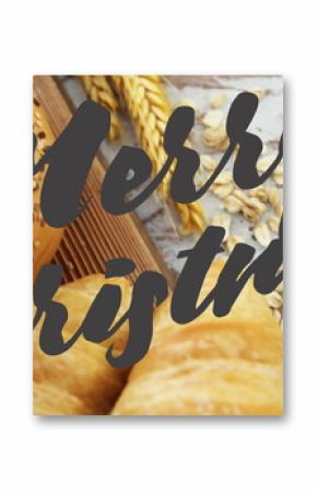 Showing pastries with seeded roll, croissants on table with oat flakes Merry Christmas overlay