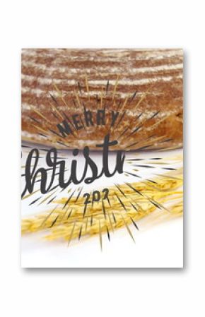 Showing artisan loaf with two rolls, wheat stalks on white table, Merry Christmas 2017 graphic
