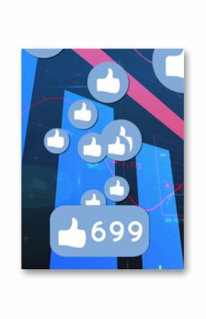 Floating thumbs-up icons displaying 699 label on screen with blue bar chart and red downtrend arrow