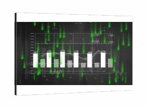 Displaying bar chart with line graph on numeric grid on screen cascading binary code and waveforms