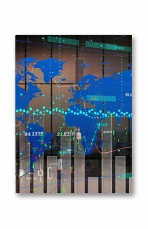 Displaying transparent screen overlaying world map in boardroom with bar scatter candlestick charts