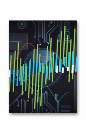 Showing bar charts red-and-green line graphs on circuit grid on screen with waveform map code panel