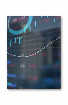 Displaying transparent screen at office showing candlestick charts bar graphs  and  progress indicat