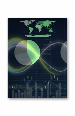 Displaying infinity-shaped waveform linking pie charts on digital panel, with bar and line charts