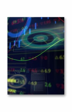 Displaying dashboard showing line, bar and gauge charts with numeric tickers on trading screen