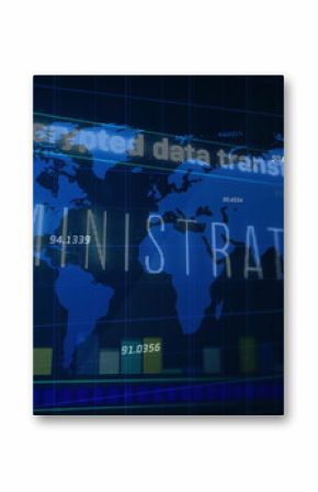 Displaying world map with administration overlay on dashboard, encrypted data, bar chart and grid