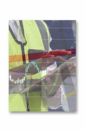 Monitoring supervisor in neon vest using stylus on tablet at assembly line with metrics overlay