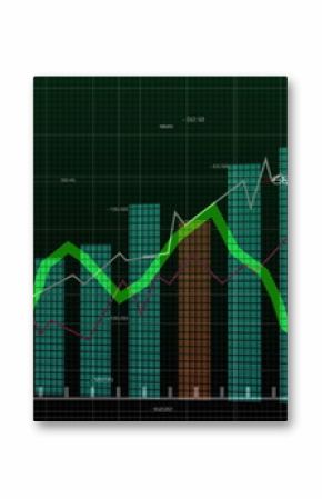 Displaying bar line chart rising in data dashboard, with teal brown bars, green white magenta lines