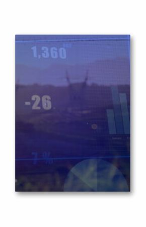 Displaying gridlines on dusk grassland with bar chart, circular segments and values 1,360 and -26